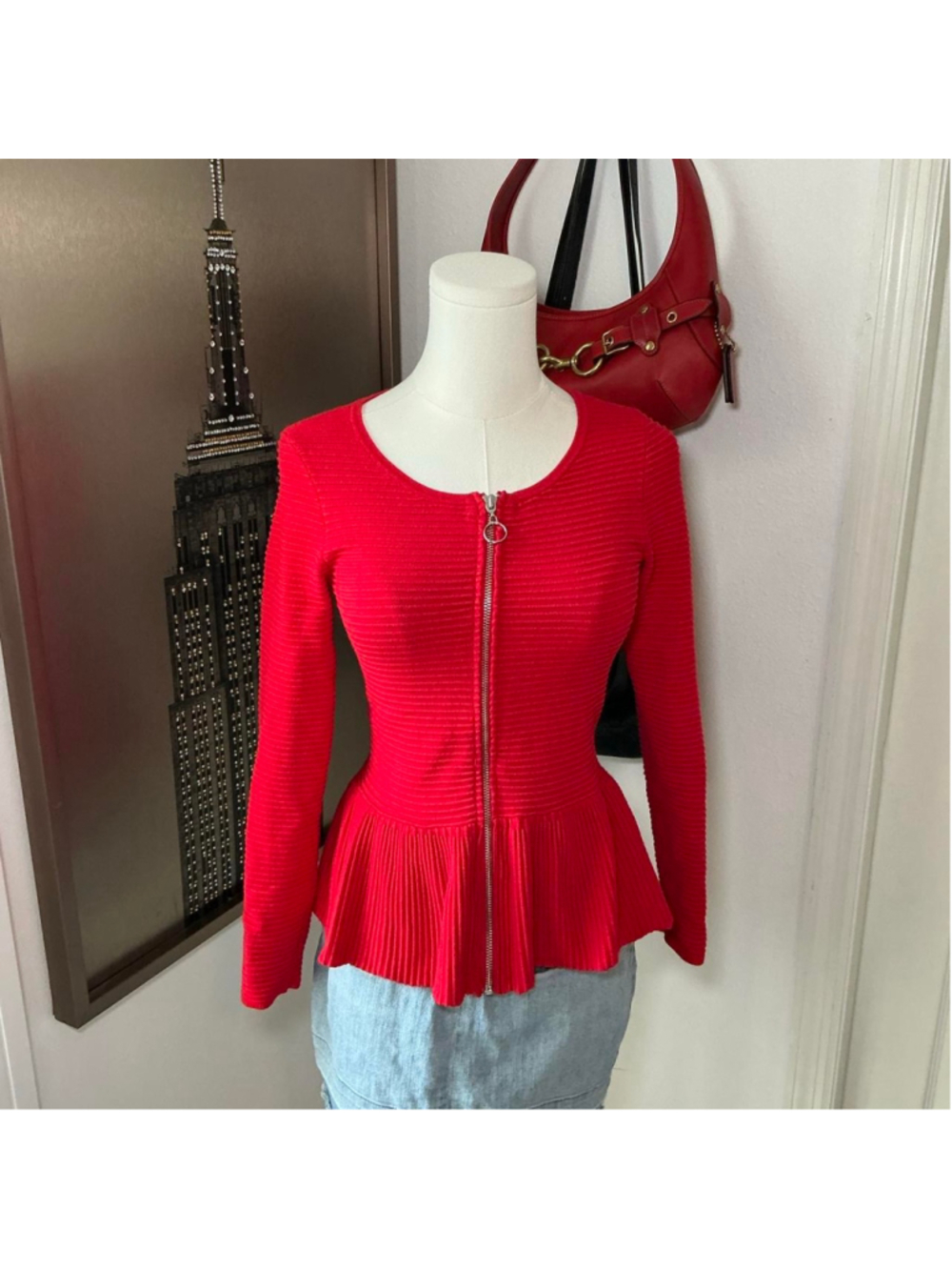 INC International Concepts Red Ribbed Peplum Zip Cardigan Small